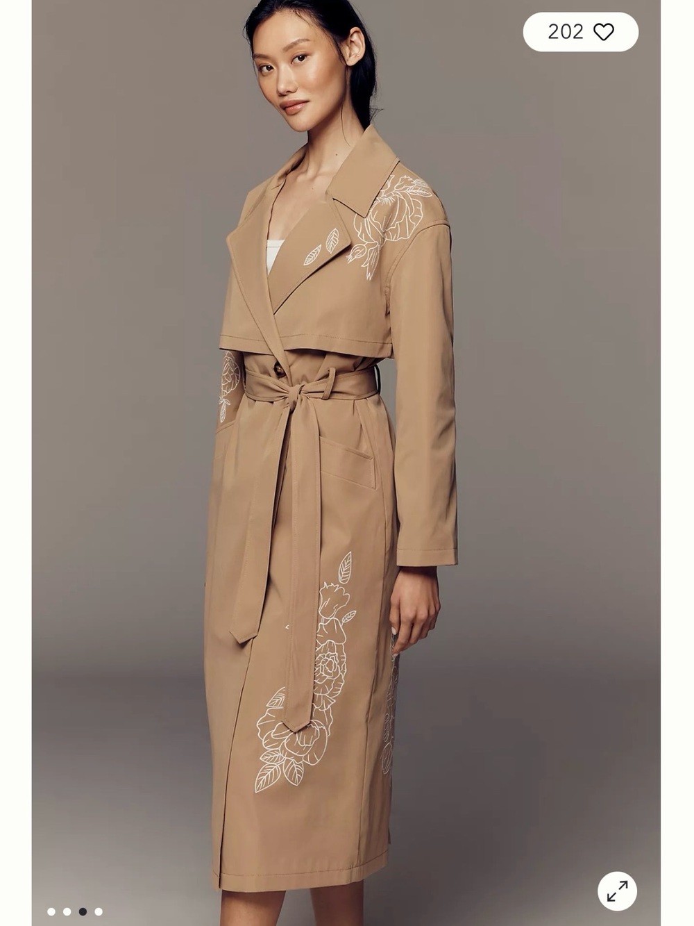Anthropologie NVLT Embroidered Longline Trench Coat Tan Beige Belted Floral Jack